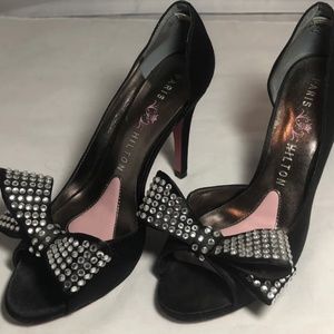 Tuxedo Cocktail Black High Heels Pumps Leather Sole Rhinestone Bow 6.5M